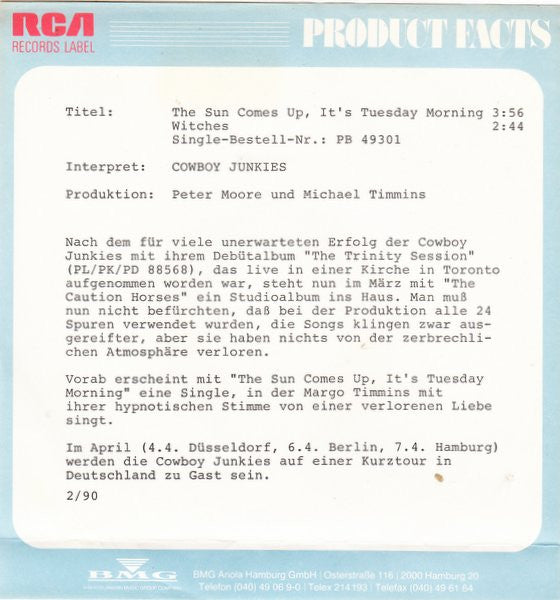 Cowboy Junkies : Sun Comes Up, It's Tuesday Morning (7", Single)