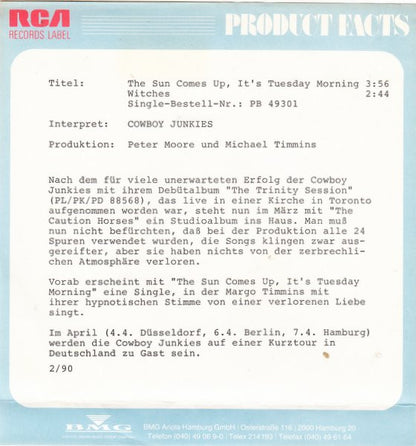 Cowboy Junkies : Sun Comes Up, It's Tuesday Morning (7", Single)