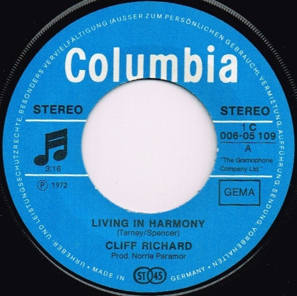 Cliff Richard : Living In Harmony / Empty Chairs (7", Single)