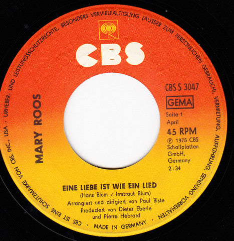 Mary Roos : Eine Liebe Ist Wie Ein Lied (7", Single)