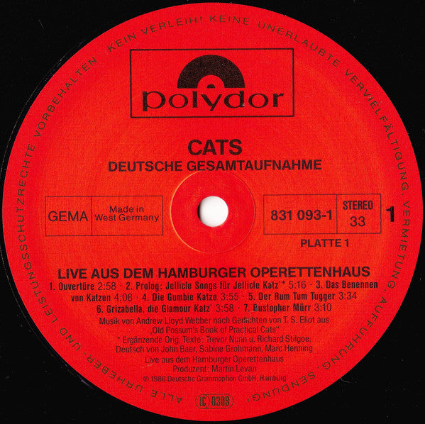 Andrew Lloyd Webber : Cats Live - Deutsche Gesamtaufnahme Aus Dem Hamburger Operettenhaus (2xLP, Album, Gat)