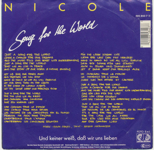 Nicole (2) : Song For The World (7", Single)