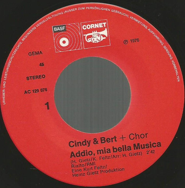 Cindy & Bert : Addio, Mia Bella Musica (7", Single)