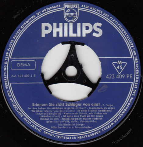 Die Rixdorfer Sänger - Orchester Béla Sanders : Erinnern Sie Sich! Schlager Von Einst - Die Zweite Folge (7", Mono)