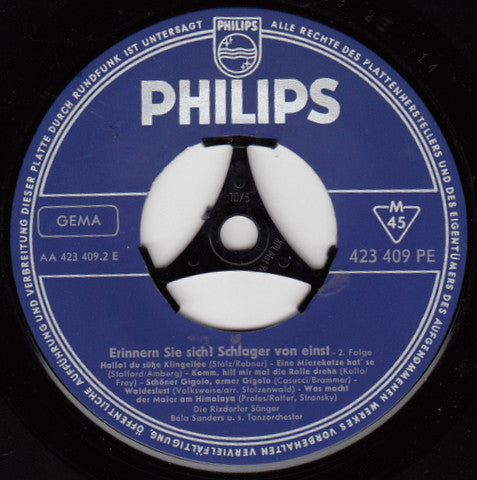 Die Rixdorfer Sänger - Orchester Béla Sanders : Erinnern Sie Sich! Schlager Von Einst - Die Zweite Folge (7", Mono)