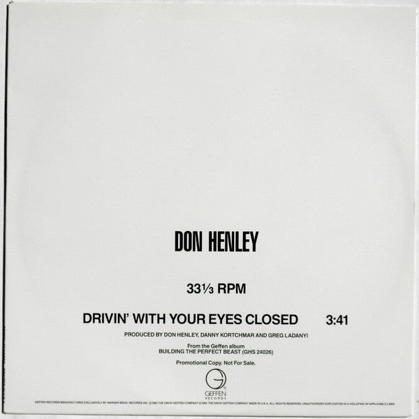 Don Henley : Drivin' With Your Eyes Closed (12", Single, Promo)