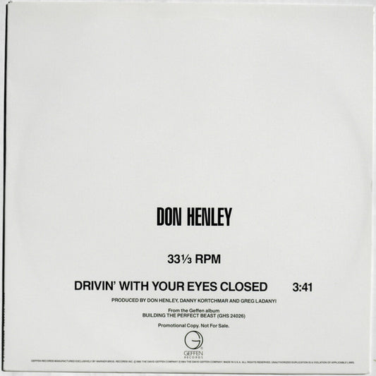 Don Henley : Drivin' With Your Eyes Closed (12", Single, Promo)