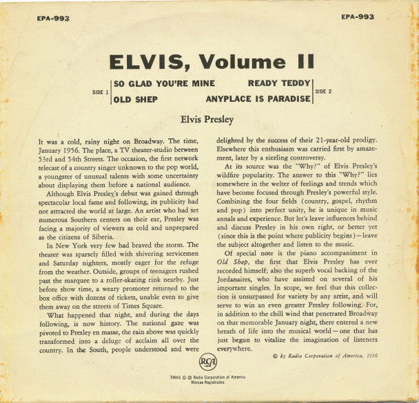 Elvis Presley : Volume II (7", EP, RP)