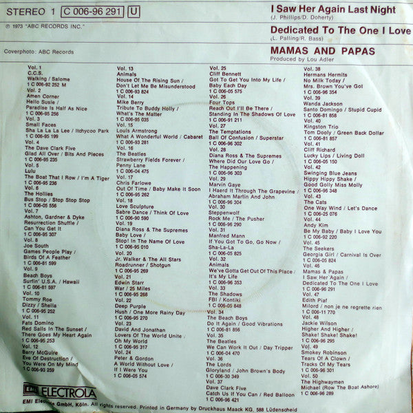 Mamas And Papas* : I Saw Her Again / Dedicated To The One I Love (7", Single)