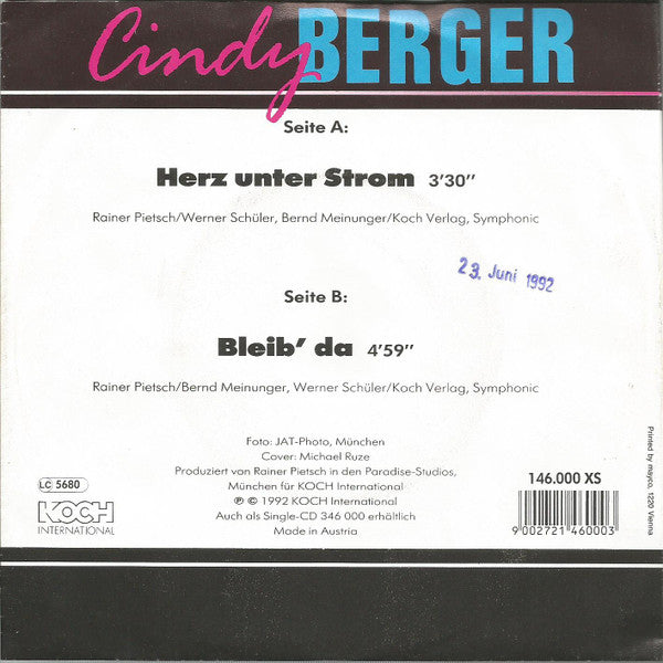 Cindy Berger : Herz Unter Strom (7", Single)