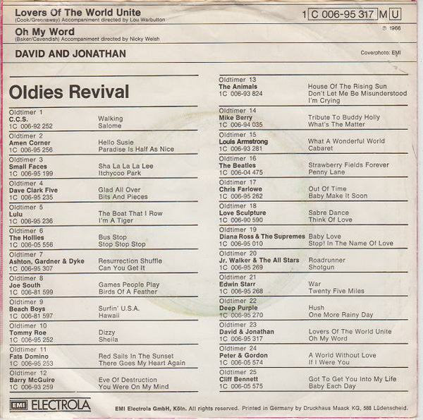 David & Jonathan : Lovers Of The World Unite (7", Single, RE)