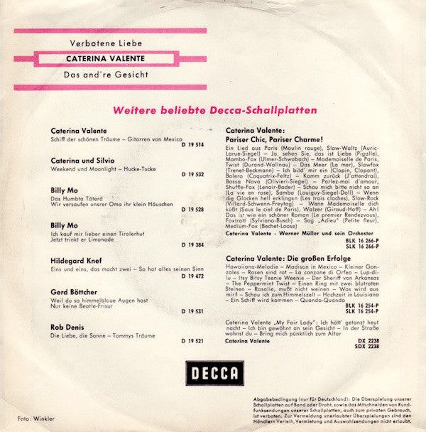 Caterina Valente : Verbotene Liebe / Das And're Gesicht (7", Single)