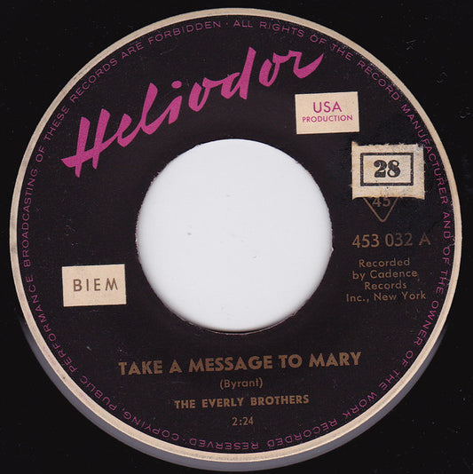 Everly Brothers : Take A Message To Mary (7", Single)