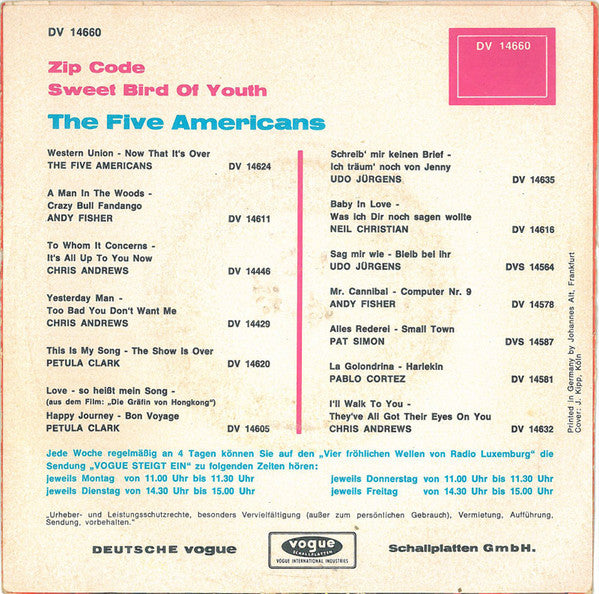 The Five Americans : Zip Code / Sweet Bird Of Youth (7", Single)