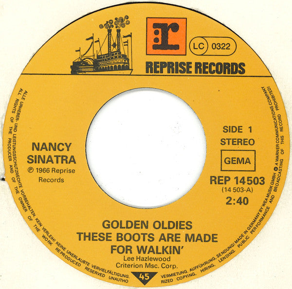 Nancy Sinatra : These Boots Are Made For Walkin' (7", Single, RE)