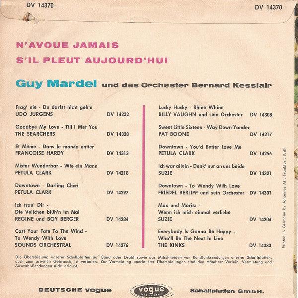 Guy Mardel : N'avoue Jamais / S'il Pleut Aujourd'hui (7", Single)