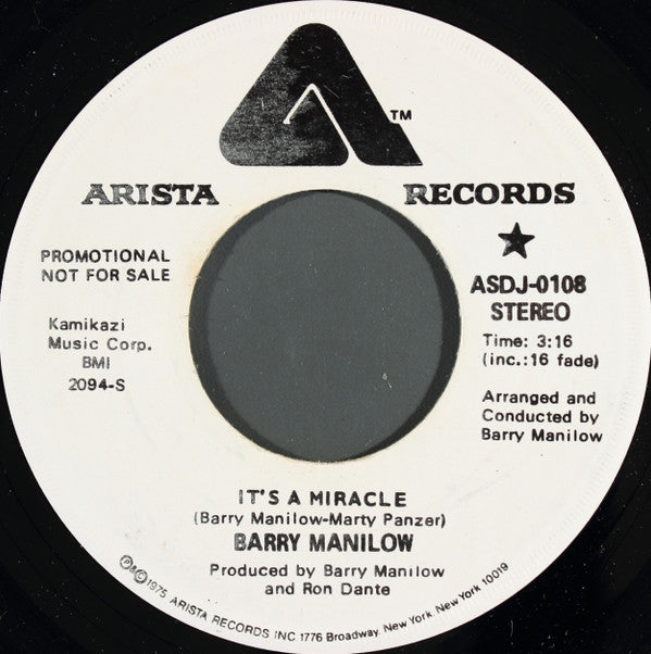 Barry Manilow : It's A Miracle (7", Single, Mono, Promo)