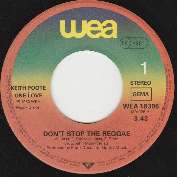 Keith Foote One Love : Don't Stop The Reggae (7", Single)