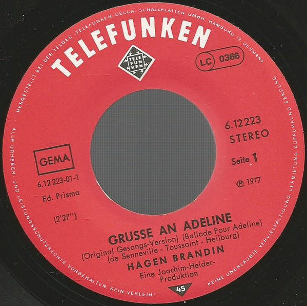 Hagen Brandin : Grüße An Adeline (7", Single)