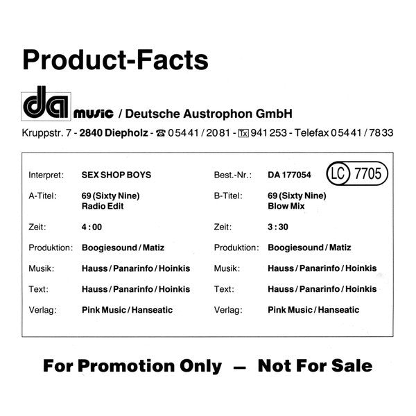 Sex Shop Boys : 69 (7", Promo)