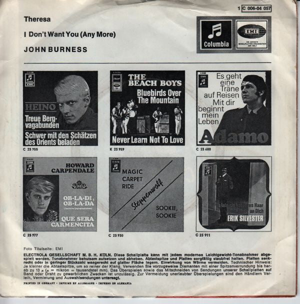 John Burness : Theresa / I Don't Want You (Any More) (7")