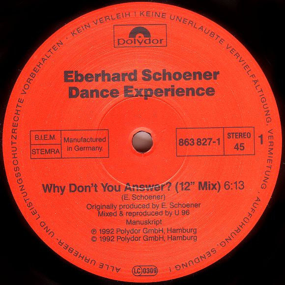 Eberhard Schoener Dance Experience : Why Don't You Answer? (12")
