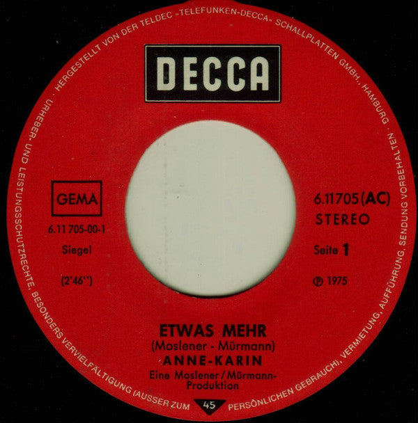 Anne Karin : Etwas Mehr (7", Single)