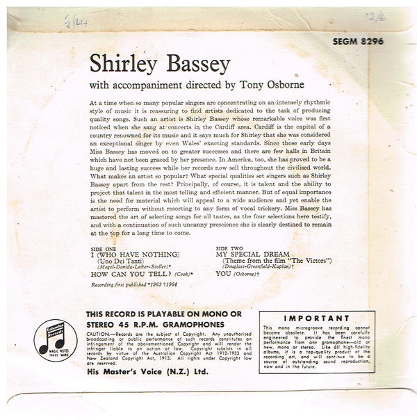 Shirley Bassey : I (Who Have Nothing) (7", EP)