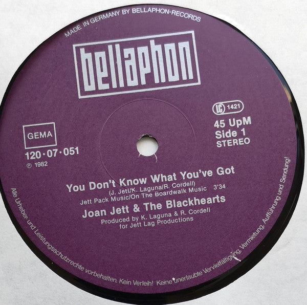 Joan Jett & The Blackhearts :  You Don't Know What You've Got  (12", Maxi)