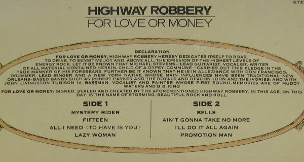 Highway Robbery : For Love Or Money (LP, Album)