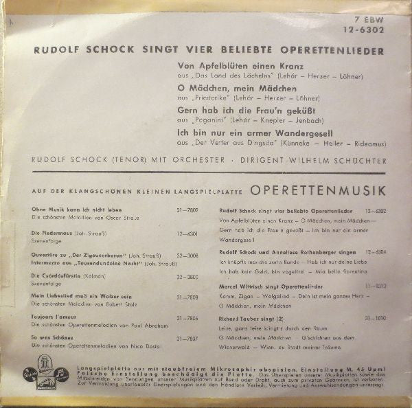 Rudolf Schock : Singt Vier Beliebte Operetten-Lieder (7", EP, Mono)