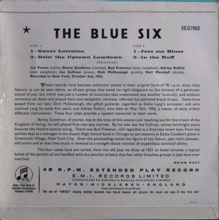 Joe Venuti And His Blue Six : The Blue Six (7", EP, Comp, Mono, RE)