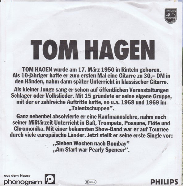 Tom Hagen (5) : Sieben Wochen Nach Bombay (7", Single)