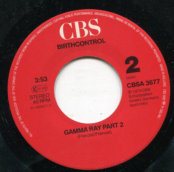 Birth Control : Gamma Ray Part 1+2 (7", Single, RP, Red)