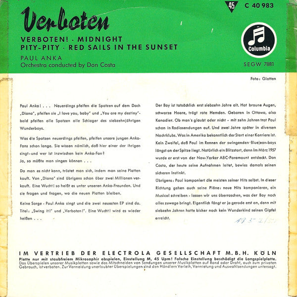 Paul Anka : Verboten (7", EP)