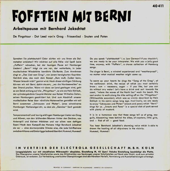 Bernhard Jakschtat : Fofftein Mit Berni (Arbeitspause Mit Bernhard Jakschtat) (7", EP, RE)