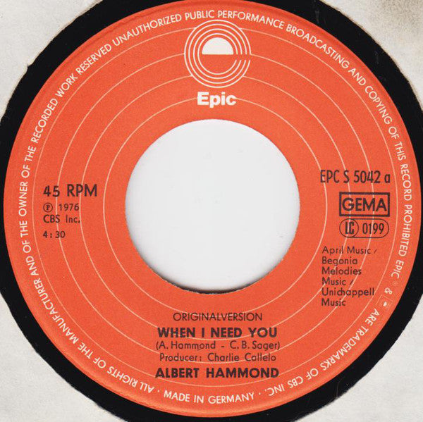 Albert Hammond : When I Need You / Cry Baby (7")