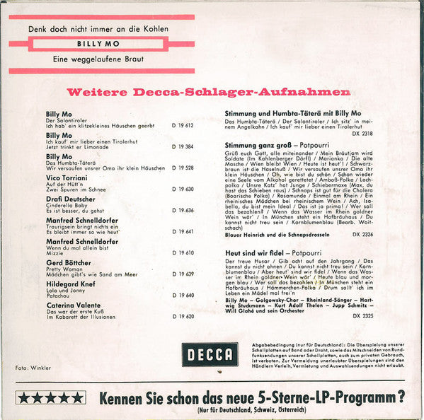 Billy Mo : Denk Doch Nicht Immer An Die Kohlen (7", Single)