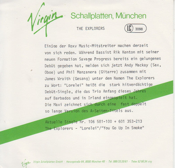 The Explorers (2) : Lorelei / You Go Up In Smoke (7", Single)