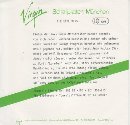 The Explorers (2) : Lorelei / You Go Up In Smoke (7", Single)