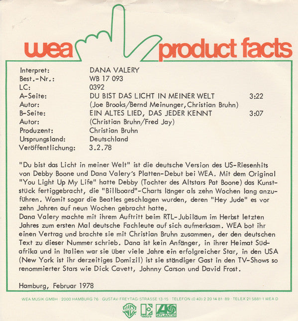 Dana Valery : Du Bist Das Licht In Meiner Welt (7", Single)