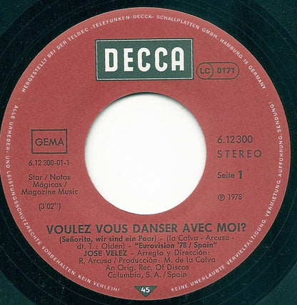 Jose Velez* : Voulez Vous Danser Avec Moi? (Señorita, Wir Sind Ein Paar) (7", Single)