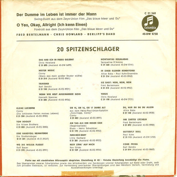 Fred Bertelmann & Chris Howland : Der Dumme Im Leben Ist Immer Der Mann / O Yes, Okay, Allright (Ich Kenn Einen) (7", Single)