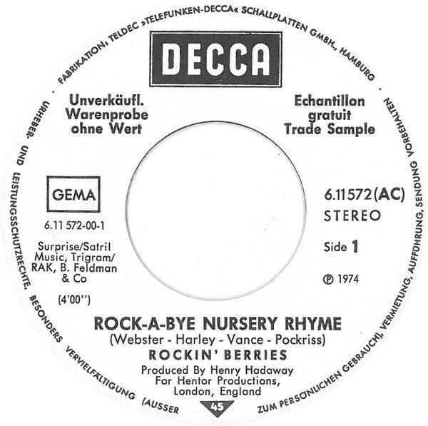 The Rockin' Berries : Rock-A-Bye Nursery Rhyme (7", Promo)