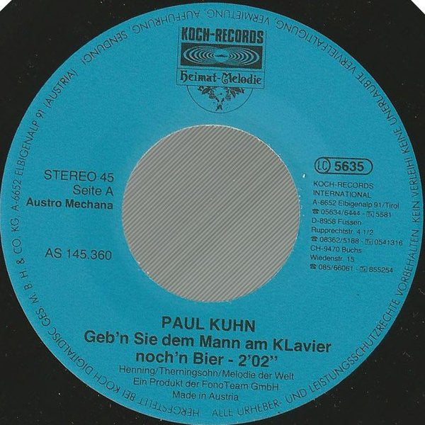 Paul Kuhn : Geb'n Sie Dem Mann Am Klavier Noch 'N Bier / Es Gibt Kein Bier Auf Hawaii (7", Single)