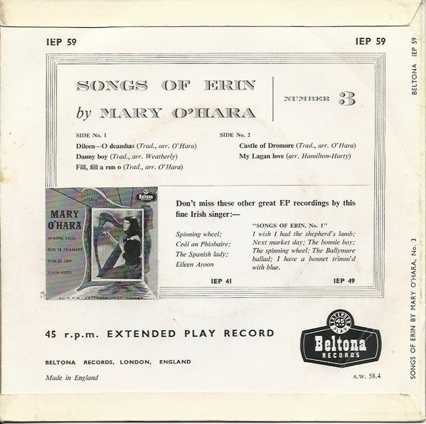 Mary O'Hara : Songs Of Erin No. 3 (7", EP)