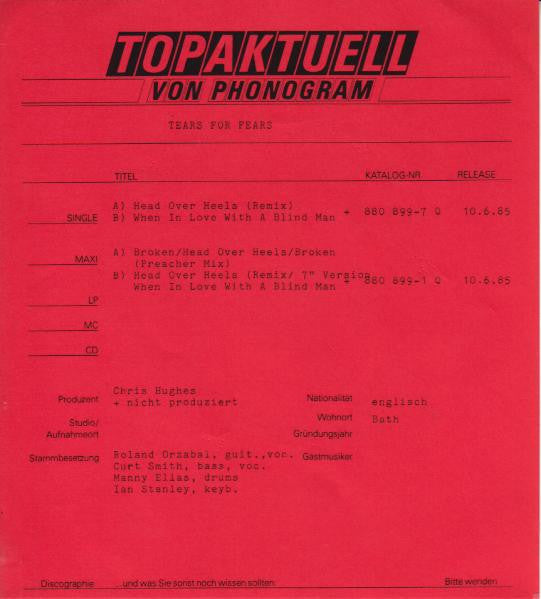 Tears For Fears : Head Over Heels (7", Single)