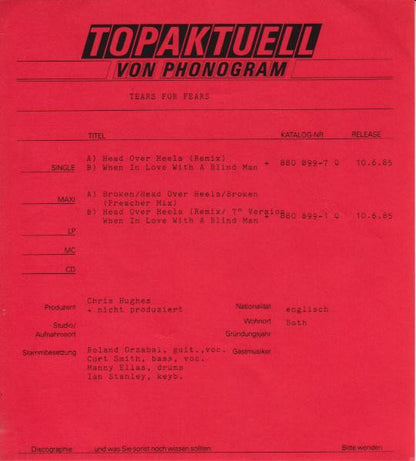 Tears For Fears : Head Over Heels (7", Single)