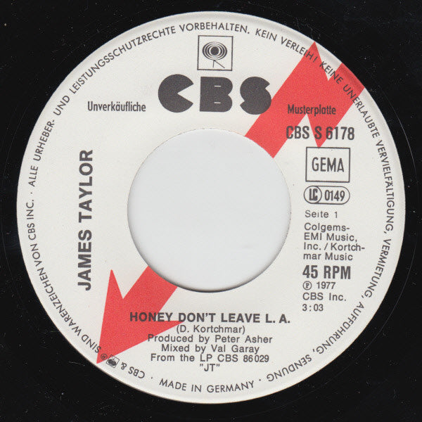 James Taylor (2) : Honey Don't Leave L.A. (7", Single, Promo)