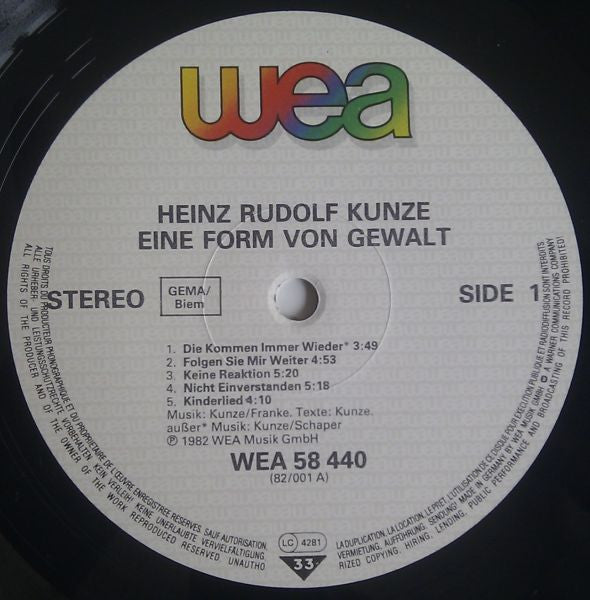 Heinz Rudolf Kunze : Eine Form Von Gewalt (LP, Album, Whi)